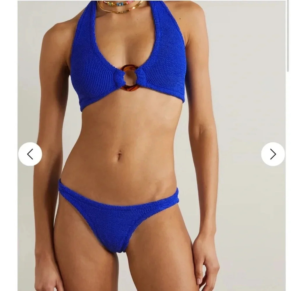 Hunza G Royal Blue Textured Halter Bikini with Ring Detail